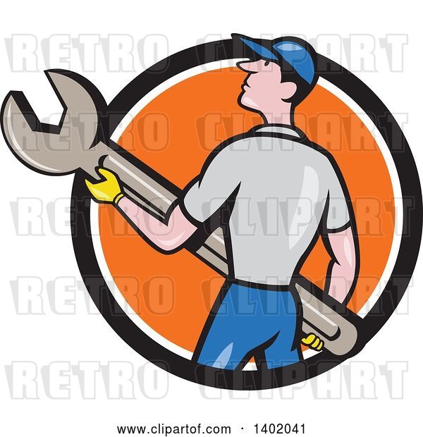 Vector Clip Art of Retro Cartoon White Handy Guy or Mechanic Holding a Spanner Wrench in a Black White and Orange Circle