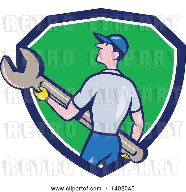 Vector Clip Art of Retro Cartoon White Handy Guy or Mechanic Holding a Spanner Wrench in a Blue White and Green Shield