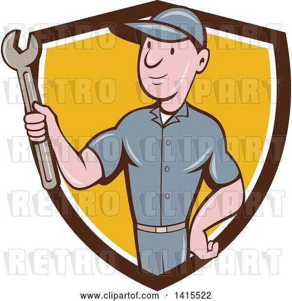 Vector Clip Art of Retro Cartoon White Handy Guy or Mechanic Holding a Spanner Wrench in a Blue White and Yellow Shield