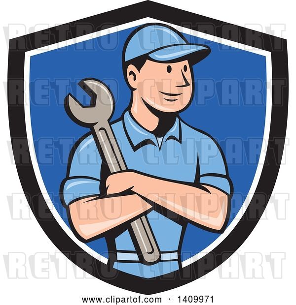 Vector Clip Art of Retro Cartoon White Handy Guy or Mechanic Holding a Spanner Wrench in Folded Arms in a Black White and Blue Shield