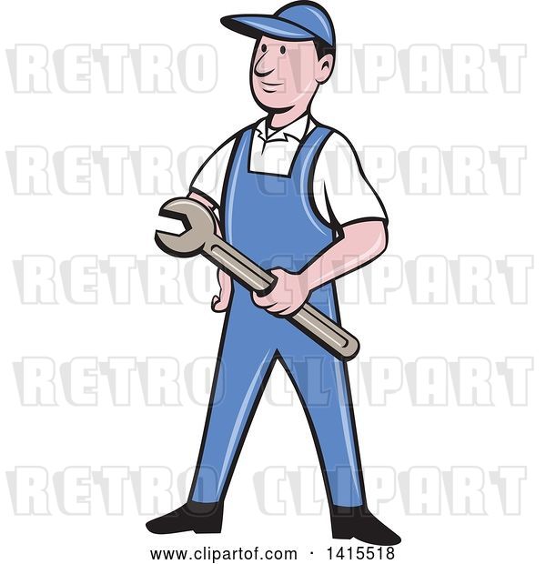 Vector Clip Art of Retro Cartoon White Handy Guy or Mechanic Holding a Wrench