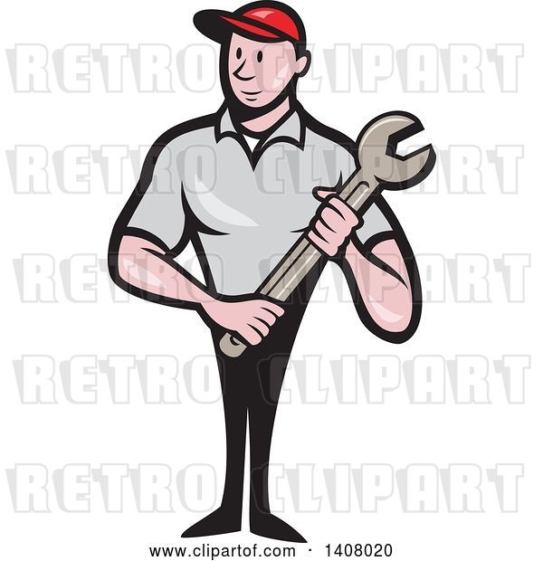 Vector Clip Art of Retro Cartoon White Handy Guy or Mechanic Standing and Holding a Spanner Wrench