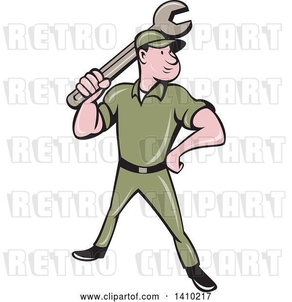 Vector Clip Art of Retro Cartoon White Handy Guy or Mechanic Standing and Holding a Spanner Wrench