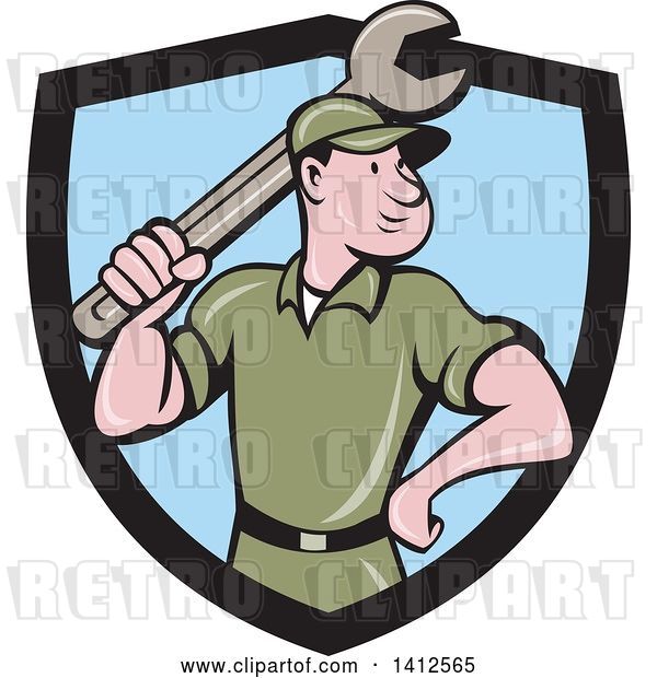 Vector Clip Art of Retro Cartoon White Handy Guy or Mechanic Standing and Holding a Spanner Wrench in a Black and Blue Shield