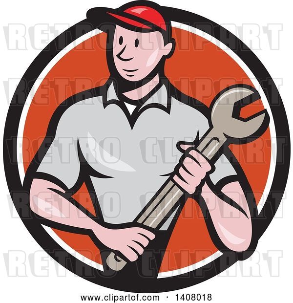 Vector Clip Art of Retro Cartoon White Handy Guy or Mechanic Standing and Holding a Spanner Wrench in a Black White and Orange Circle