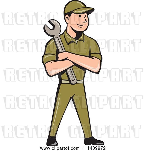 Vector Clip Art of Retro Cartoon White Handy Guy or Mechanic Standing and Holding a Spanner Wrench in Folded Arms