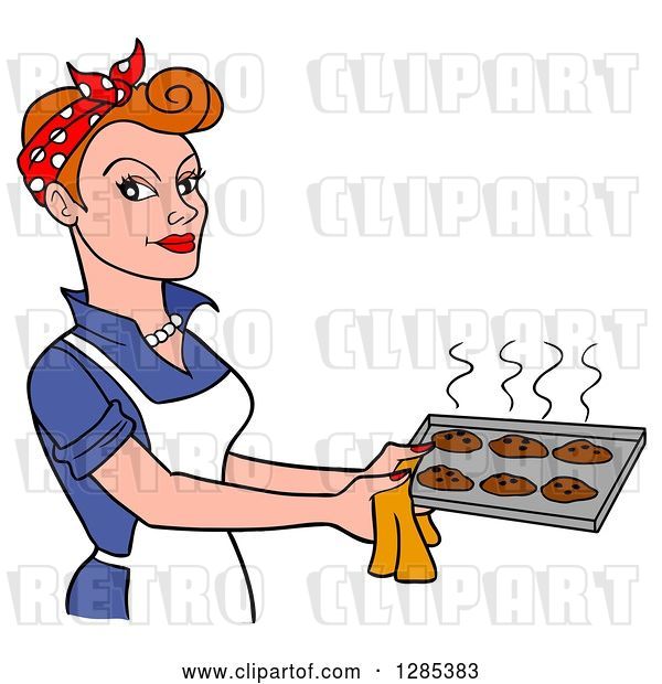 Vector Clip Art of Retro Cartoon White Lady Holding a Tray of Hot Fresh Cookies