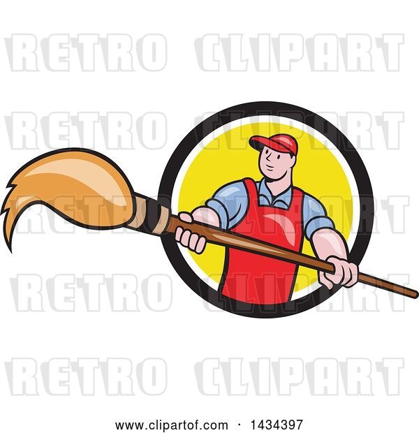 Vector Clip Art of Retro Cartoon White Male Artist Holding a Giant Paintbrush in a Black, White and Yellow Circle