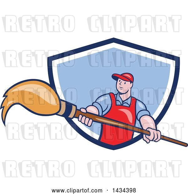 Vector Clip Art of Retro Cartoon White Male Artist Holding a Giant Paintbrush in a Blue and White Shield