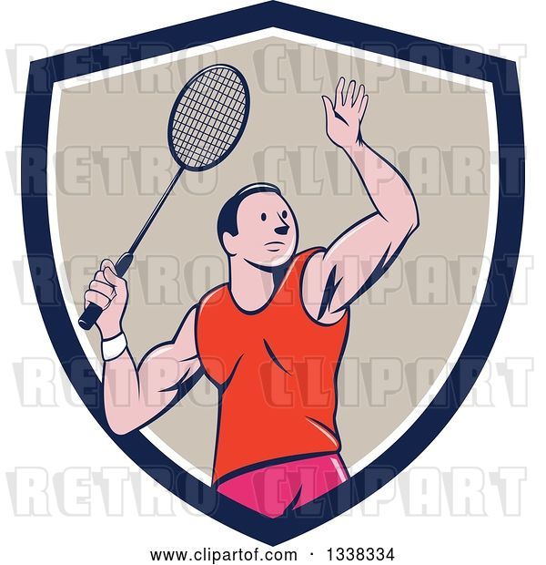 Vector Clip Art of Retro Cartoon White Male Badminton Player with a Racket in a Navy Blue White and Tan Shield