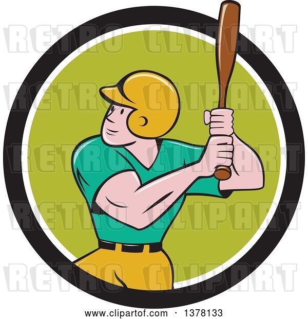 Vector Clip Art of Retro Cartoon White Male Baseball Player Athlete Batting in a Black White and Green Circle