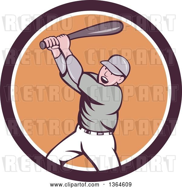Vector Clip Art of Retro Cartoon White Male Baseball Player Athlete Batting in a Brown White and Orange Circle