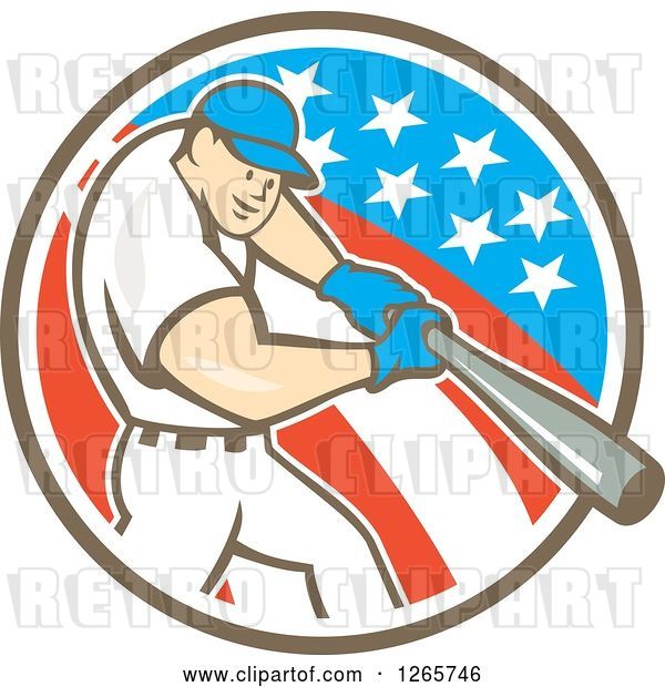 Vector Clip Art of Retro Cartoon White Male Baseball Player Batting in an American Circle