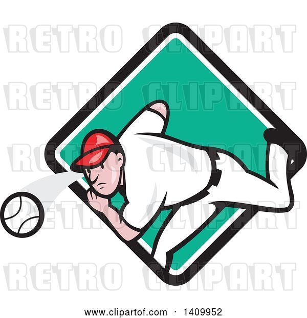 Vector Clip Art of Retro Cartoon White Male Baseball Player Pitching, Emerging from a Turquoise White and Black Diamond