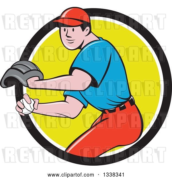 Vector Clip Art of Retro Cartoon White Male Baseball Player Pitching in a Black White and Green Circle