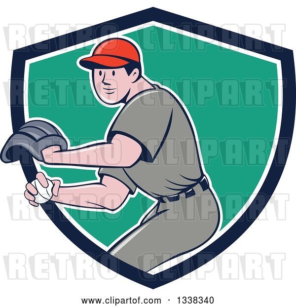 Vector Clip Art of Retro Cartoon White Male Baseball Player Pitching in a Blue White and Turquoise Shield