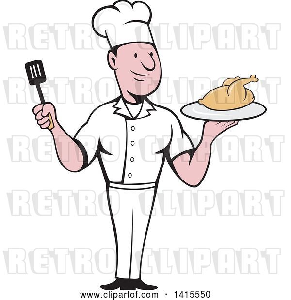 Vector Clip Art of Retro Cartoon White Male Chef Holding a Spatula and Serving a Roasted Chicken