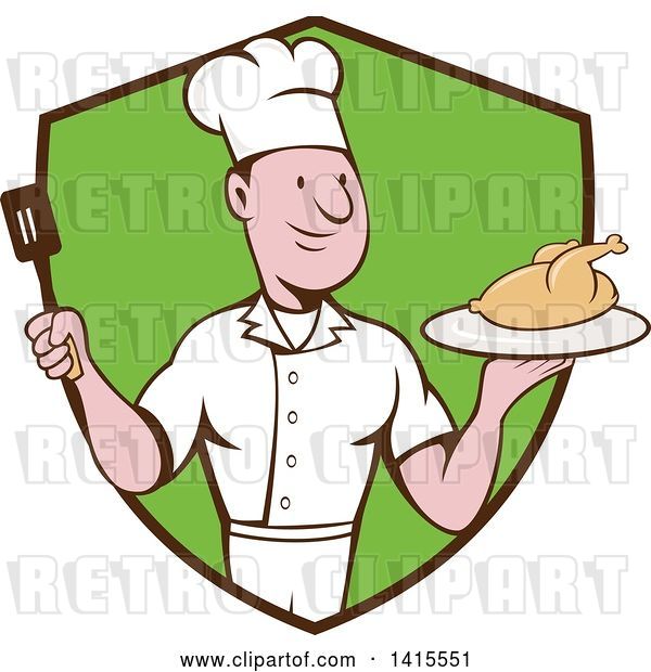 Vector Clip Art of Retro Cartoon White Male Chef Holding a Spatula and Serving a Roasted Chicken in a Black and Green Shield
