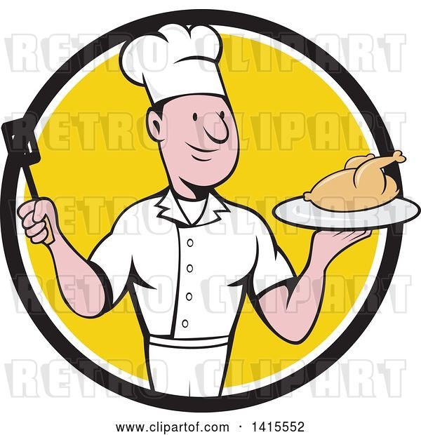 Vector Clip Art of Retro Cartoon White Male Chef Holding a Spatula and Serving a Roasted Chicken in a Black White and Yellow Circle
