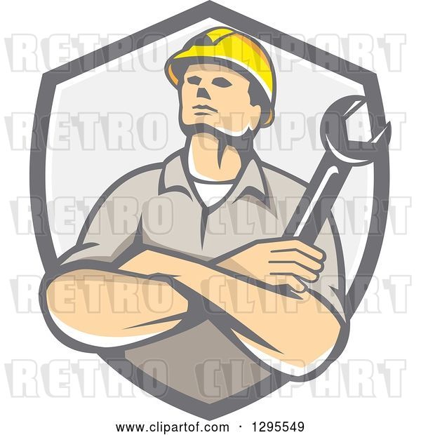 Vector Clip Art of Retro Cartoon White Male Construction or Builder Worker with Folded Arms and a Wrench in a Gray Shield