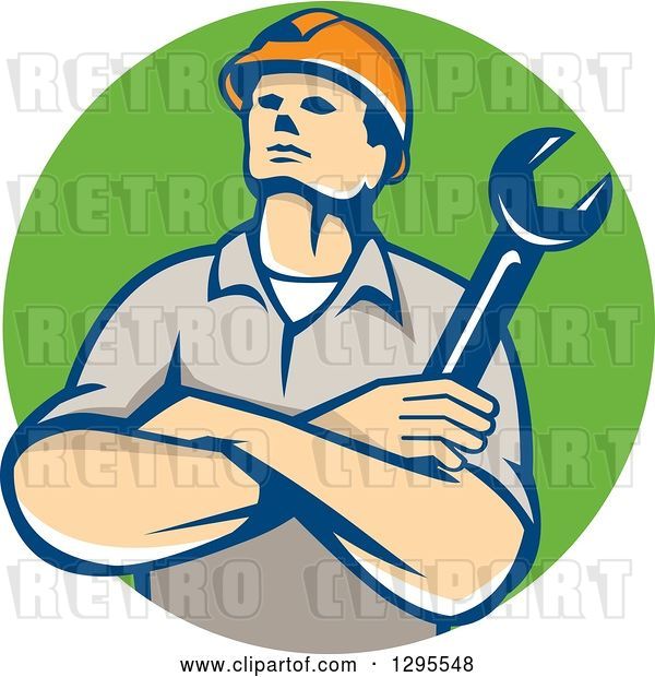 Vector Clip Art of Retro Cartoon White Male Construction or Builder Worker with Folded Arms and a Wrench in a Green Circle