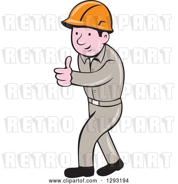 Vector Clip Art of Retro Cartoon White Male Construction Worker Foreman Giving a Thumb up