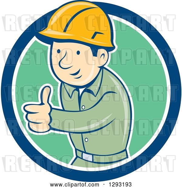Vector Clip Art of Retro Cartoon White Male Construction Worker Foreman Giving a Thumb up in a Blue White and Green Circle