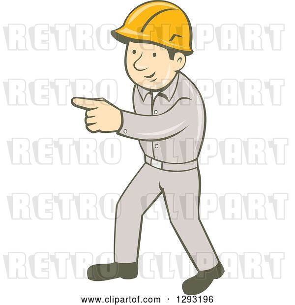 Vector Clip Art of Retro Cartoon White Male Construction Worker Pointing