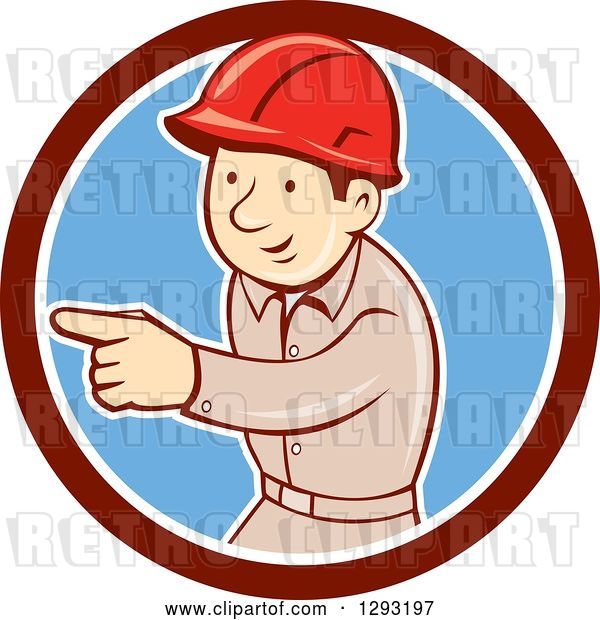Vector Clip Art of Retro Cartoon White Male Construction Worker Pointing in a Maroon White and Blue Circle
