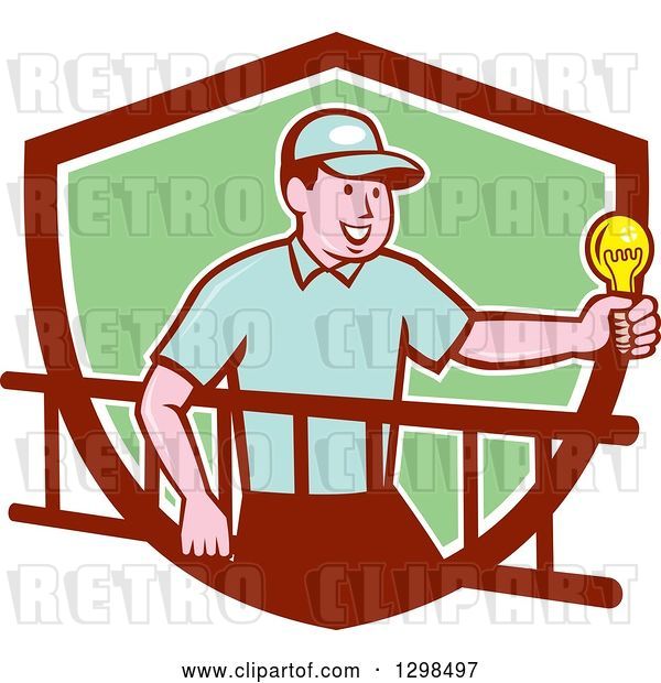 Vector Clip Art of Retro Cartoon White Male Electrician Carrying a Ladder and Holding a Light Bulb in a Maroon White and Green Shield