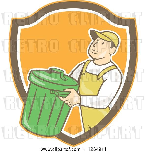 Vector Clip Art of Retro Cartoon White Male Garbage Guy Carrying a Bin in an Orange Brown and White Shield