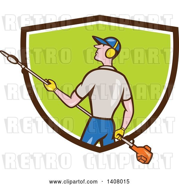 Vector Clip Art of Retro Cartoon White Male Gardener Holding a Hedge Trimmer, Emerging from a Brown White and Green Shield