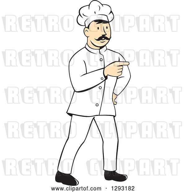 Vector Clip Art of Retro Cartoon White Male Head Chef with a Mustache, Pointing