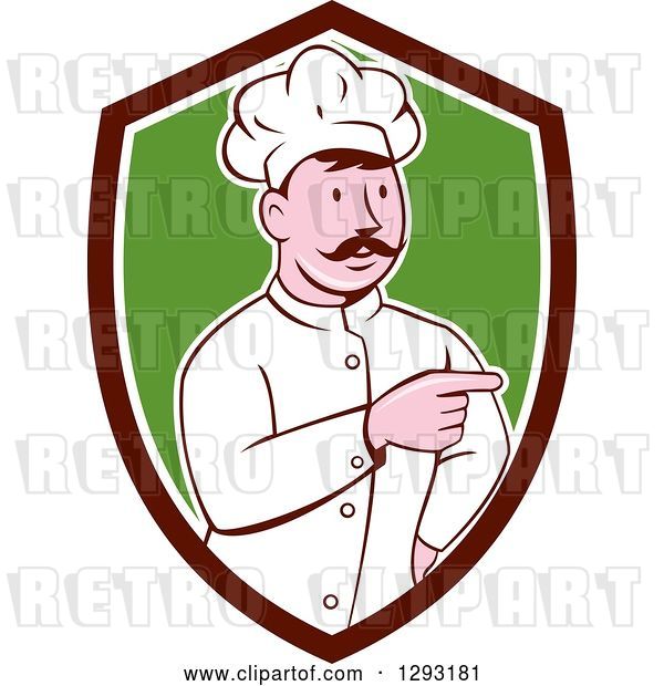Vector Clip Art of Retro Cartoon White Male Head Chef with a Mustache, Pointing in a Brown White and Green Shield