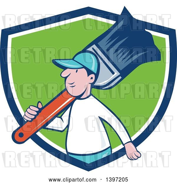 Vector Clip Art of Retro Cartoon White Male House Painter Carrying a Giant Brush on His Shoulder, Emerging from a Blue White and Green Shield