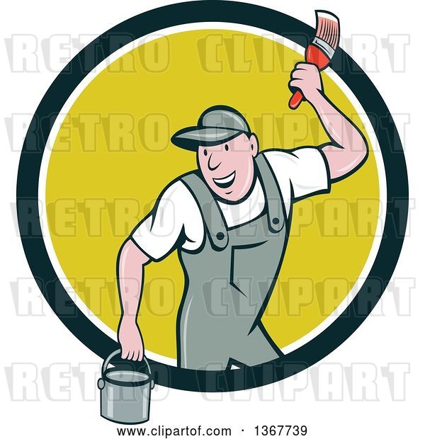 Vector Clip Art of Retro Cartoon White Male House Painter Holding a Bucket and a Brush, Emerging from a Circle