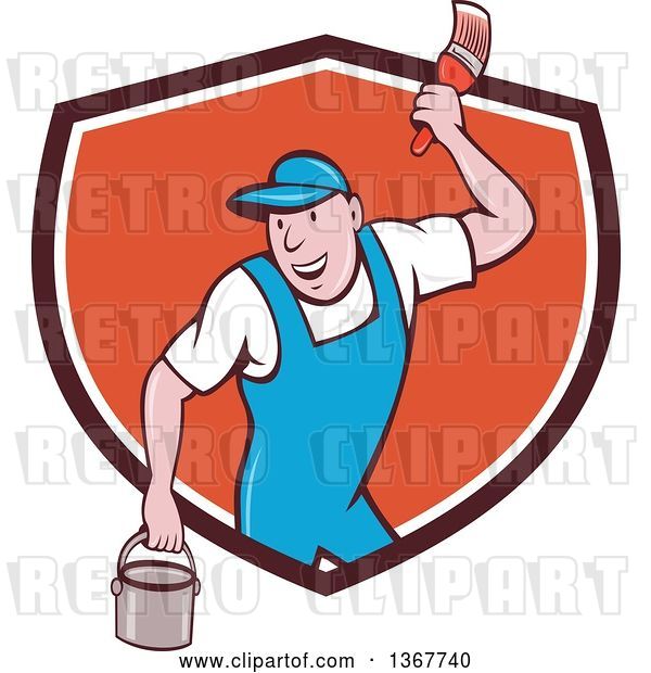 Vector Clip Art of Retro Cartoon White Male House Painter Holding a Bucket and a Brush, Emerging from a Shield