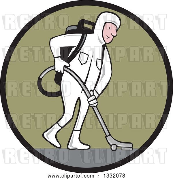 Vector Clip Art of Retro Cartoon White Male Industrial Janitor Wearing a Biohazard Suit and Vacuuming with a Back Pack in a Black and Green Circle