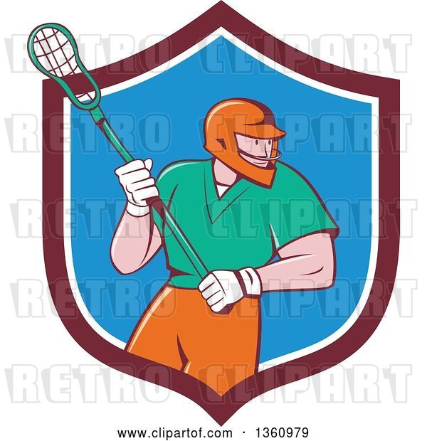 Vector Clip Art of Retro Cartoon White Male Lacrosse Player with a Stick in a Maroon White and Blue Shield