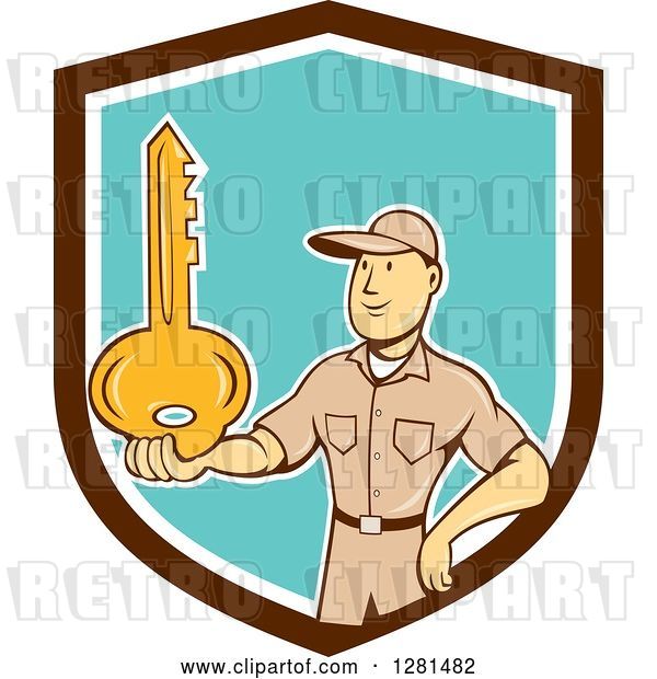 Vector Clip Art of Retro Cartoon White Male Locksmith Holding out a Giant Gold Key in a Brown White and Turquoise Shield
