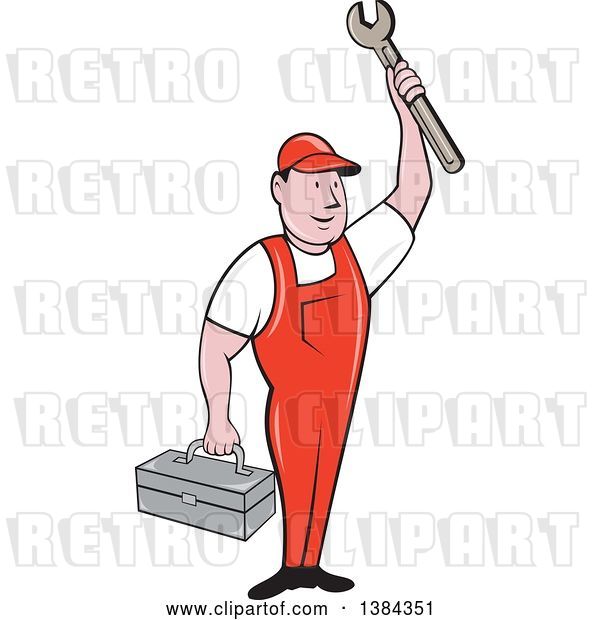 Vector Clip Art of Retro Cartoon White Male Mechanic Holding a Tool Box and Wrench