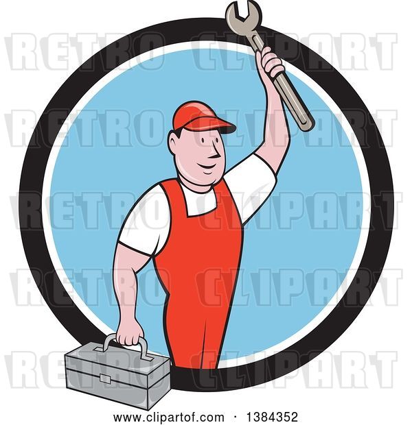 Vector Clip Art of Retro Cartoon White Male Mechanic Holding a Tool Box and Wrench in a Black White and Blue Circle