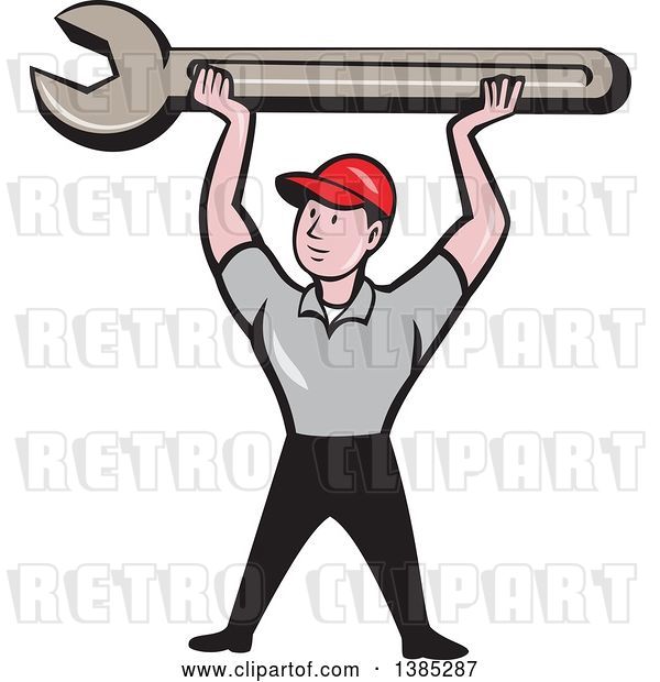 Vector Clip Art of Retro Cartoon White Male Mechanic Holding up a Giant Spanner Wrench