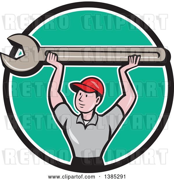 Vector Clip Art of Retro Cartoon White Male Mechanic Holding up a Giant Spanner Wrench in a Black White and Turquoise Circle
