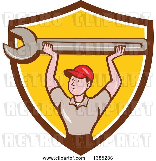 Vector Clip Art of Retro Cartoon White Male Mechanic Holding up a Giant Spanner Wrench in a Brown White and Yellow Shield