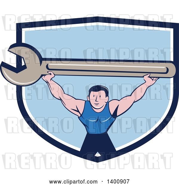 Vector Clip Art of Retro Cartoon White Male Mechanic Squatting and Holding up a Giant Spanner Wrench in a Blue and White Shield