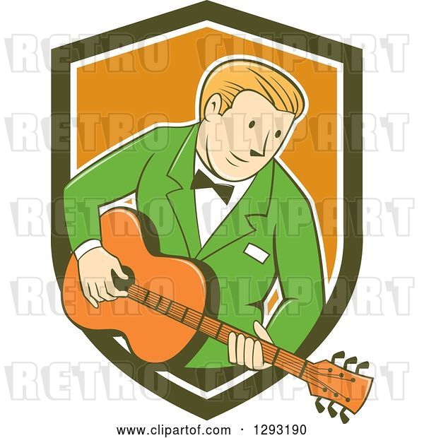 Vector Clip Art of Retro Cartoon White Male Musician Playing a Guitar and Emerging from a Green White and Orange Shield