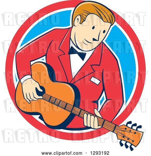 Vector Clip Art of Retro Cartoon White Male Musician Playing a Guitar and Emerging from a Red White and Blue Circle
