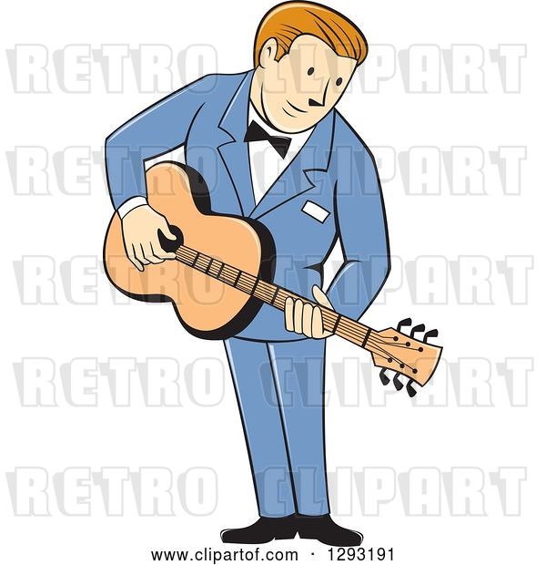 Vector Clip Art of Retro Cartoon White Male Musician Playing a Guitar and Wearing a Blue Suit