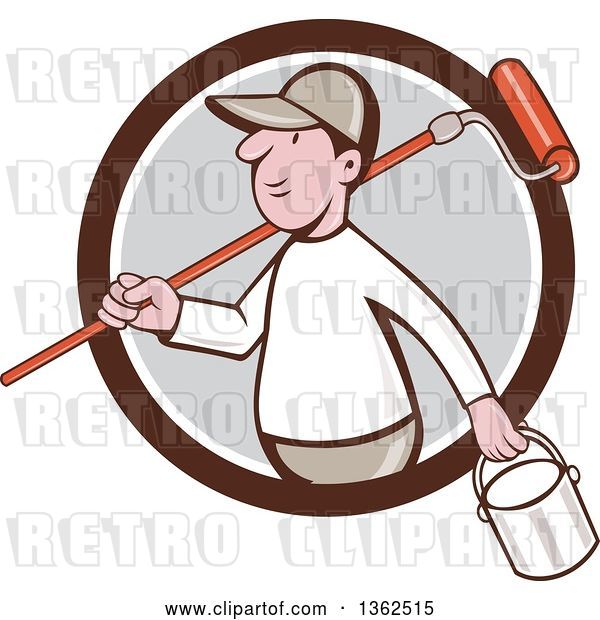 Vector Clip Art of Retro Cartoon White Male Painter Carrying a Can and a Roller Brush over His Shoulder, Emerging from a Brown White and Gray Circle